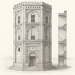 Sketch showing a tall, six-sided tower with pointed Persian arches and windows.