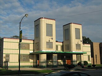 Streamline Moderne church, First Church of Deliverance, Chicago, Illinois, by Walter T. Bailey (Opened 1939, façade towers added 1948)