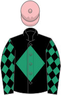 Black, emerald green diamond, diamonds on sleeves, pink cap