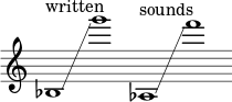 
    {
      \new Staff \with { \remove "Time_signature_engraver" }
      \clef treble \key c \major ^ \markup "written" \cadenzaOn
      bes1 \glissando g'''1
      aes1 ^ \markup "sounds" \glissando \clef treble f'''1
    }
  