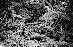 German trench destroyed by the explosion of a mine in the Battle of Messines. Approximately 10,000 German troops were killed when the mines were simultaneously detonated at 3:10 a.m. on 7 June 1917.