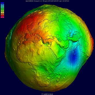 Geoid undulation in pseudocolor, shaded relief and vertical exaggeration (10000 vertical scaling factor)