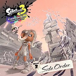 Cover artwork for Splatoon 3: Side Order. Agent 8, the game's protagonist, stands defiantly in the center of a bleak and colorless plaza, eyeing a large spire positioned near the right of the frame and which extends to the sky. Agent 8 is accompanied on their right by a small, pink, hovering drone. A school of metallic fish-like objects swims to the top of the frame, enveloping the scene.