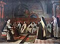 St. Teresa of Avila, wearing a Carmelite habit, and with a gold halo, addresses her spiritual director, surrounded by Carmelite sisters.
