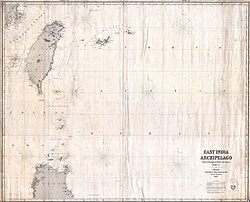 A large, detailed 19th-century nautical chart of Taiwan with coastal profiles and dense navigational text.
