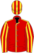 Red, yellow seams, striped sleeves and cap