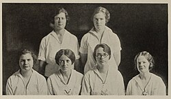 Six young women, all with mid-length hair and wearing white, early-twentieth-century athletic tops.