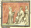 St. Patrick, wearing a bishop’s mitre and cloak, addresses the King of Ireland.