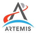 An arrowhead combined with a depiction of a trans-lunar injection trajectory forms an "A", with an "Artemis" wordmark printed underneath