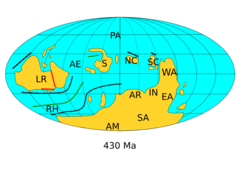 Paleogeography of Earth in the middle Silurian, around 430 Ma. Avalonia and Baltica have fused with Laurentia to form Laurussia.