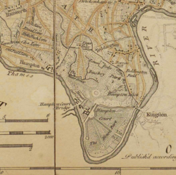 Detail from John Rocque's 1757 map of Middlesex, showing the enclosure of Bushy Park, the Longford River, the settlement of Hampton, and fields to the northwest.