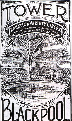the front cover of a black and white inked publication which reads The Tower Blackpool, with smaller text stating Aquatic and Variety circus – an illustration of the circus interior shows the arena but with the exposed iron legs of the tower instead of plasterwork.