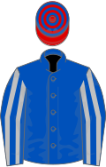 Royal blue, silver striped sleeves, red and royal blue hooped cap