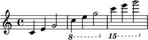  {
\relative c' {
   \clef treble 
   \time 4/4
   \key c \major
   c4 e g2
   \ottava #-1 c,4 e g2
   \ottava #-2 c,4 e g2
} }
