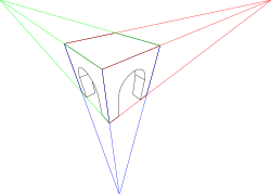 A cube in three-points perspective where, compared with the above cube in two-points prospective, there is an additional vanishing point far below the cube, from which straight lines come that are coincident with vertical edges of the cube.