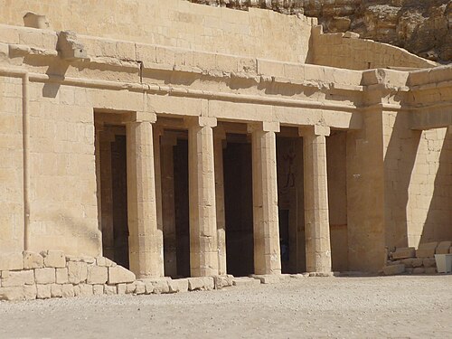 Possible inspiration for the Doric order: Ancient Egyptian columns of the shrine of Anubis at the Temple of Hatshepsut, Deir el-Bahari, Egypt, c.1470 BC[14]