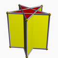 The density of a pentagrammic prism, {5/2}×{} is 2. v=10, e=15, f1=5 {4}, f2=2 {5/2}, df1=1, df2=2.