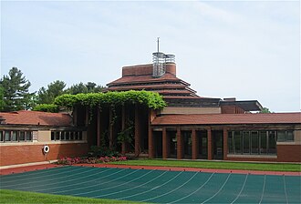 The exterior of the Wingspread mansion in Wind Point, Wisconsin