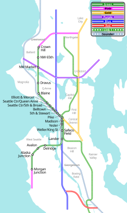 A map of Seattle showing several monorail lines in different colors spreading out from downtown.