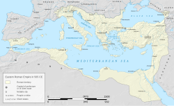 The Empire at its greatest territorial extent in 565, at the end of Justinian I's rule