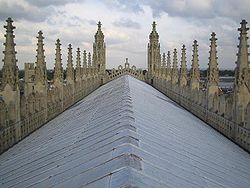 Elaborate parapets flank the roof of King's College Chapel, Cambridge.