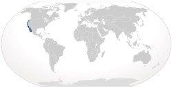 Map of the world with a blue outline along the Pacific coast of North America from Oregon, USA to the Baja peninsula, north Australia