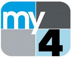 A rounded rectangle divided into blue and gray parts with the word "my" in white in the upper left and a black "4" in the lower right