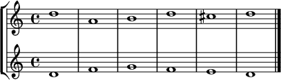 \relative c'' {
<<
\new StaffGroup <<
\new Staff { \set Score.tempoHideNote = ##t \tempo 4 = 160 \clef "treble" d1 a b d cis d \bar "|." }
\new Staff { \clef "treble" d,1 f g f e d }
>>
>>
}