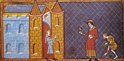 Two lepers denied entrance to town. Woodcut by Vincent of Beauvais, 14th century