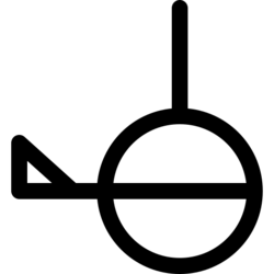 A circle with a line coming out from the top of it and a line horizontally through it, extending out to the left. At the edge of that line there is a small right triangle.