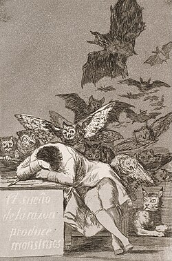 A person sleeps at a table, as imagined winged creatures swarm around him