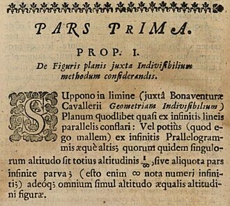 Part of the first page of John Wallis's 1655 book De sectionibus conicis nova methodo expositis tractatus. The text, in Latin, reads "Suppono in limine (juxtâ Bonaventurae Cavallerii Geometriam Indivisibilium) Planum quodlibet quasi ex infinitis lineis parallelis conflari: Vel potius (quod ego mallem) ex infinitis Prallelogrammis aequè altis; quorum quidem singulorum altitudo sit totius altitudinis 1/∞, sive alicuota pars infinite parva; (esto enim ∞ nota numeri infiniti;) adeo'q; omnium simul altitude aequalis altitudini figurae."