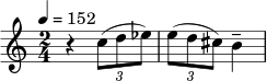 
\relative c'' { \set Staff.midiInstrument = #"violin"
  \tempo 4 = 152
  \key c \major
  \time 2/4
  r4
  \tuplet 3/2 { c8( d es) }
  \tuplet 3/2 { e8( d cis) } b4--
}
