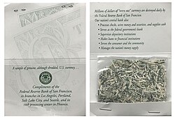 Shredded US dollar by Federal Reserve Bank of San Francisco as souvenir