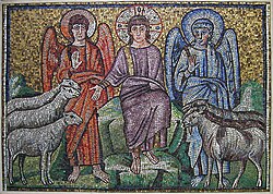 A depiction of separating the sheep from the goats, from the Gospel of Matthew