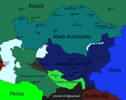 Alash Autonomy in cyan, Transcaspian Government in green and Turquestan Autonomy in blue.