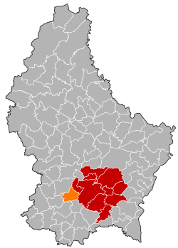 Map of Luxembourg with Bertrange highlighted in orange, and the canton in dark red