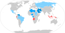 Founding (dark blue) and current (medium blue) members of OPEC, members of OPEC+ (light blue), and former OPEC members (red)