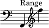 
{ \override Score.TimeSignature #'stencil = ##f
  \relative c'' { \clef bass \key c \major f,,,4^\markup { "Range" }\glissando \clef treble f''' }
}