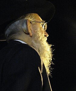 A religious Jew with beard and payot tucked behind ear