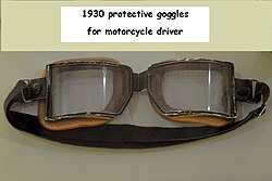 Safety glasses for motorcycle drivers, circa 1930, to protect against rain, wind and insects
