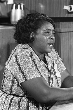 Fannie, an African American woman in a floral dress, sits at a table and is mid-speech. The photo is in Black and White
