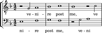 { << \new StaffGroup <<
\new Staff <<
\set Score.tempoHideNote = ##t \tempo 2 = 66
\set Staff.midiInstrument = #"voice oohs"
\clef treble \time 4/2
\relative c' {
\clef "treble_8" \time 4/2 \key g \dorian
r2 g a1 bes c bes r2 c
}
\addlyrics { ve -- ni -- re post me, ve -- }
>>
\new Staff <<
\set Staff.midiInstrument = #"voice oohs"
\clef bass \time 4/2 \key g \dorian
\new Voice \relative c {
e1 f g f r2 g a1
}
\addlyrics { ni -- re post me, ve -- ni -- }
>>
>>
>> }