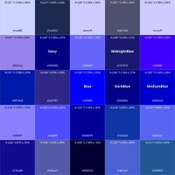 Shades of blue labeled with HSL, RGB, and web color names.