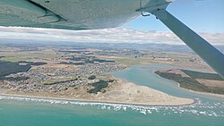 Foxton beach and Manawatū River seen from a Cessna 152