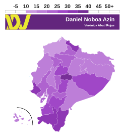 Electoral map of Ecuador depicting the performance results of the ADN party (of Noboa and his running mate Verónica Abad) per province