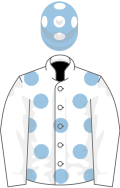 White, light blue spots, white sleeves, light blue cap, white spots