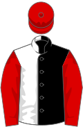 Black and white (halved), red sleeves and cap