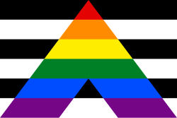 A flag of black and white horizontal stripes, overlaid with an inverted V of the rainbow flag
