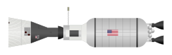 Drawing of a spacecraft and a rocket stage docked together